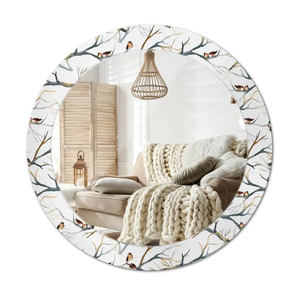 Round printed mirror Sparrows birds branches