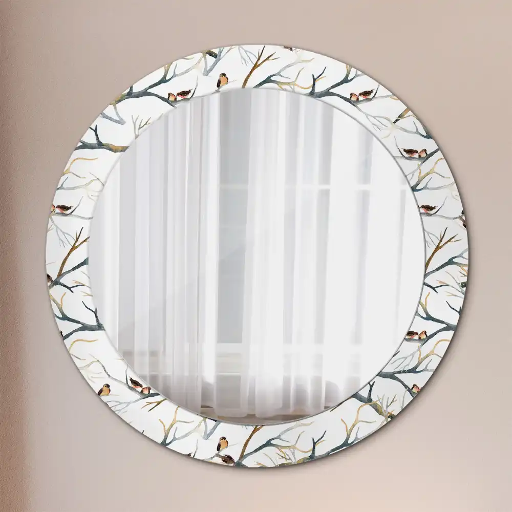 Round printed mirror Sparrows birds branches