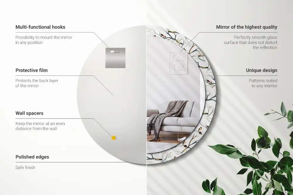 Round printed mirror Sparrows birds branches