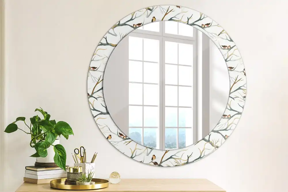 Round printed mirror Sparrows birds branches