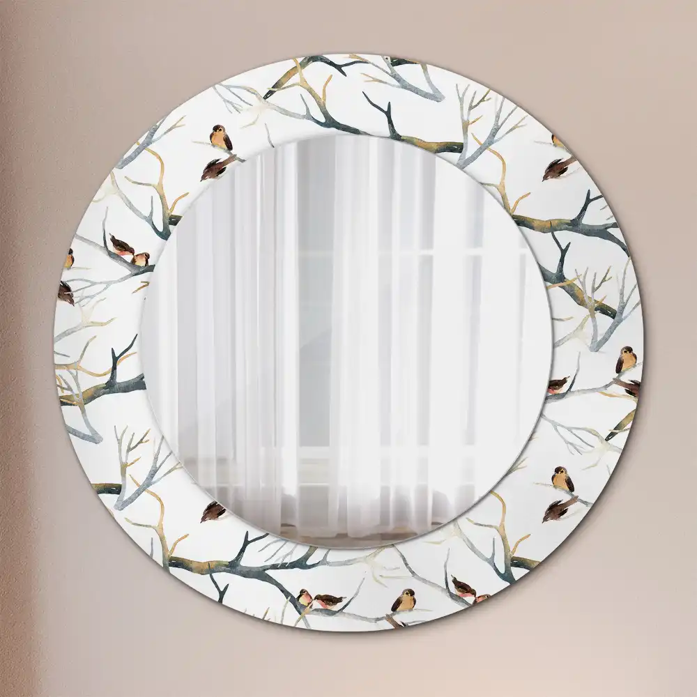 Round printed mirror Sparrows birds branches