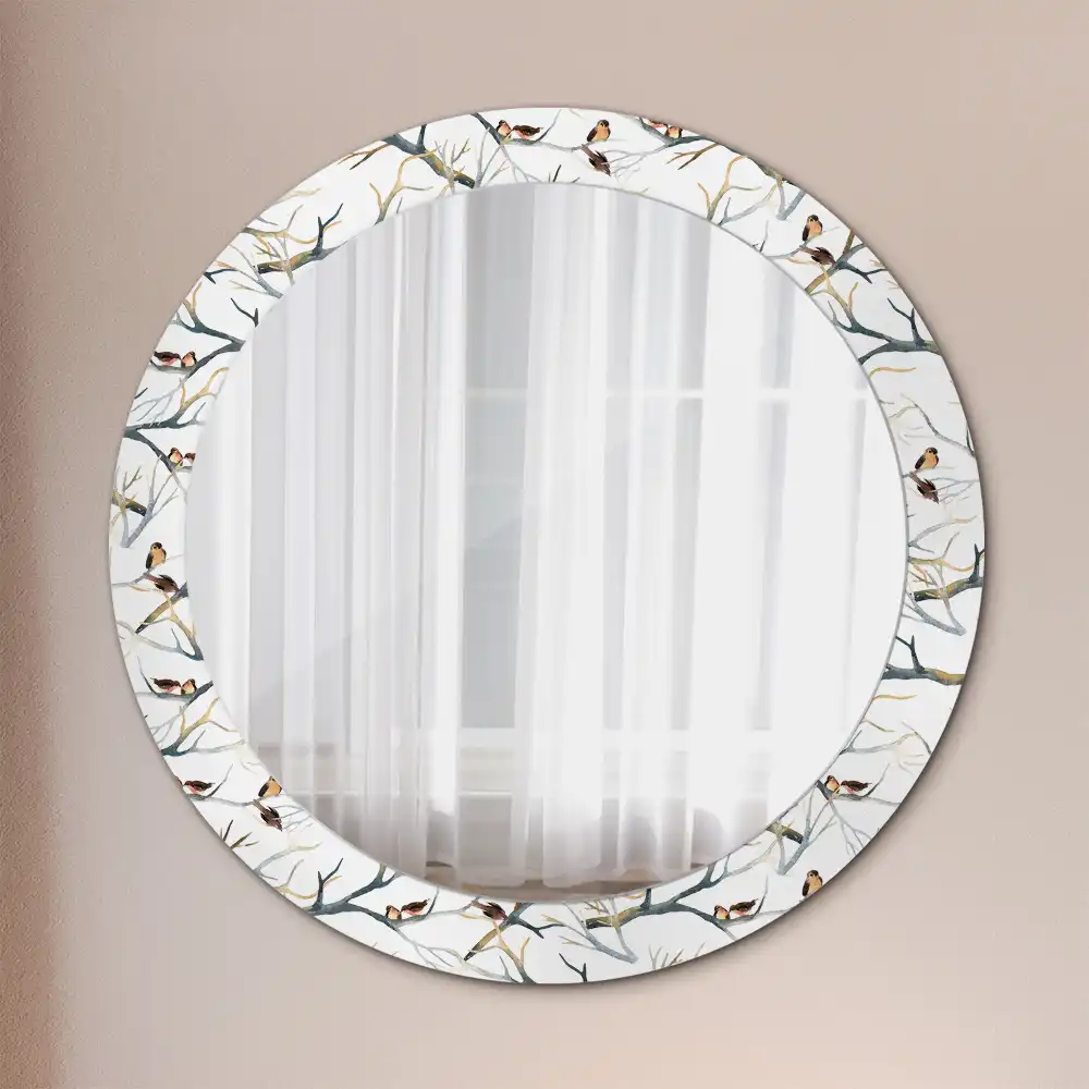 Round printed mirror Sparrows birds branches
