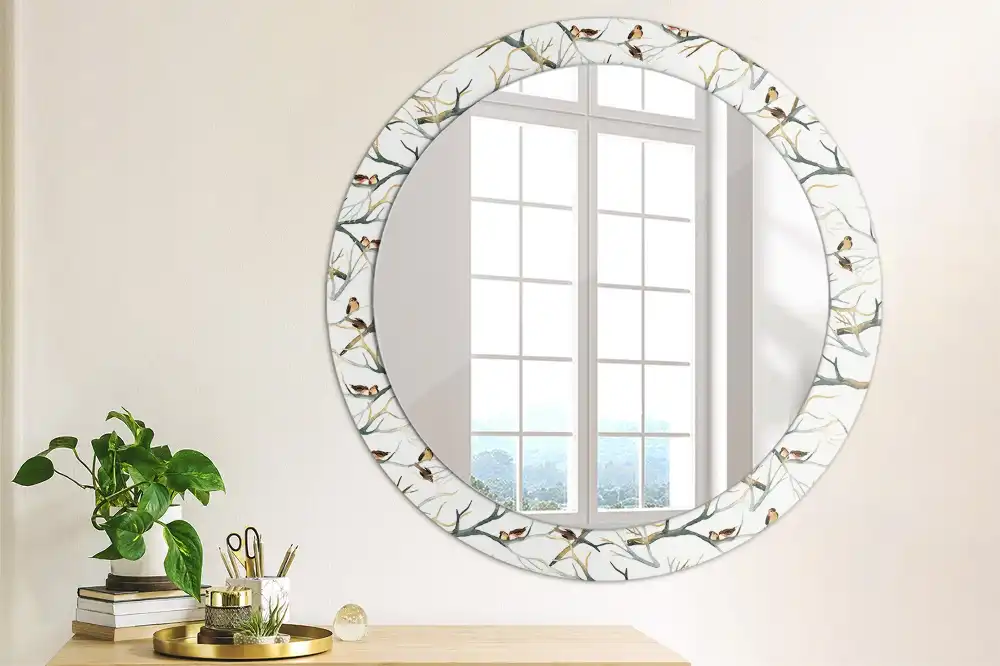 Round printed mirror Sparrows birds branches