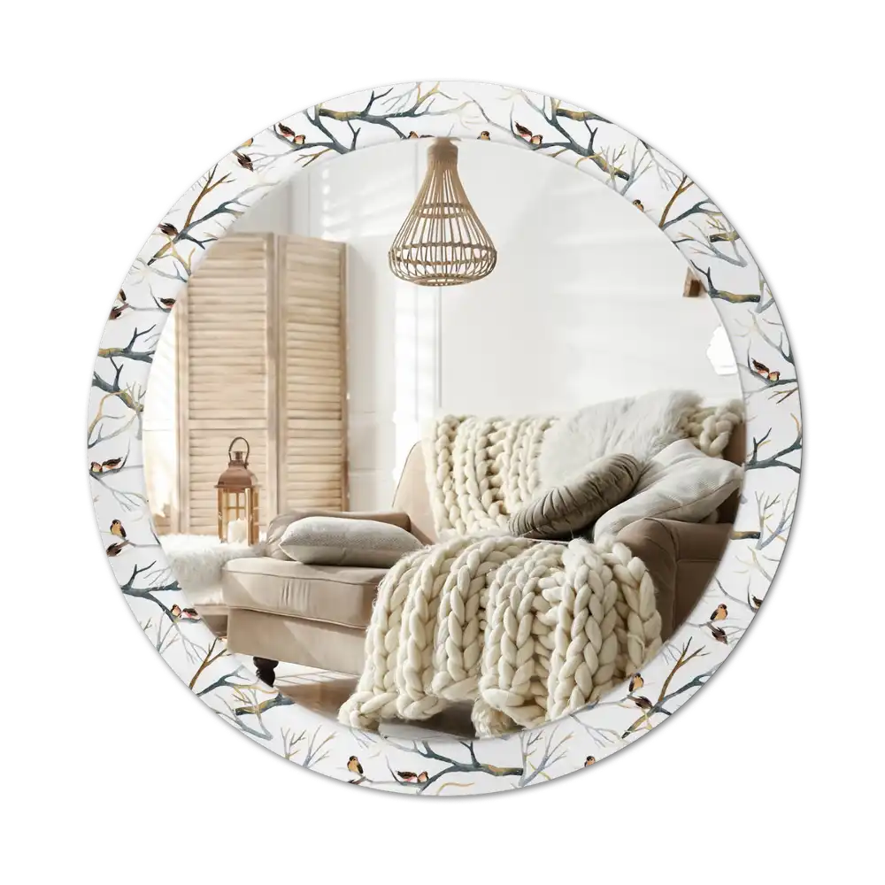 Round printed mirror Sparrows birds branches