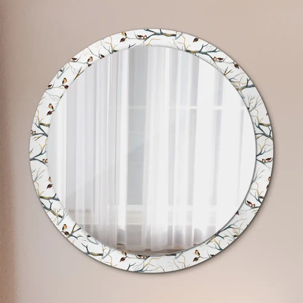 Round printed mirror Sparrows birds branches