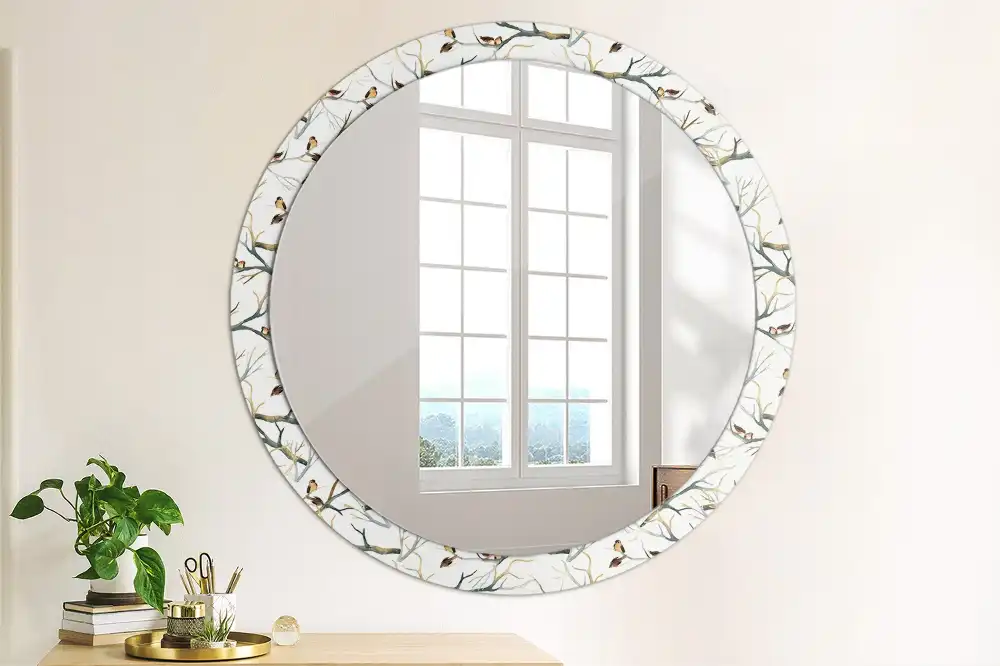 Round printed mirror Sparrows birds branches
