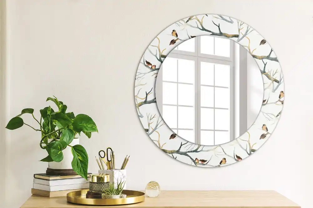 Round printed mirror Sparrows birds branches