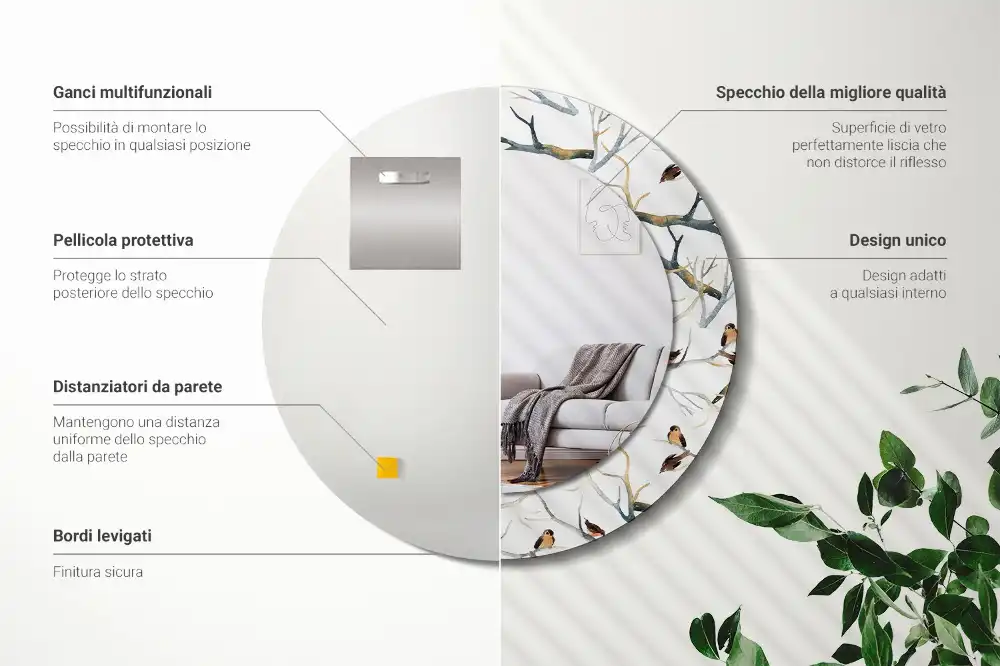 Round printed mirror Sparrows birds branches