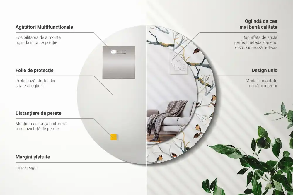 Round printed mirror Sparrows birds branches