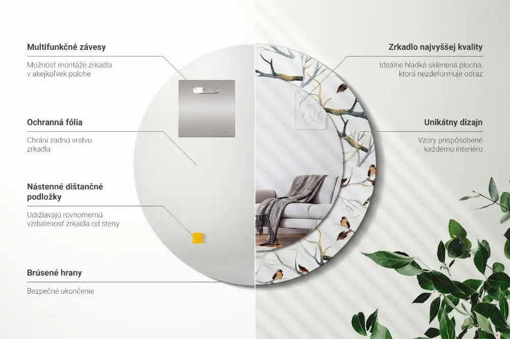 Round printed mirror Sparrows birds branches