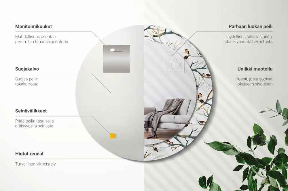 Round printed mirror Sparrows birds branches