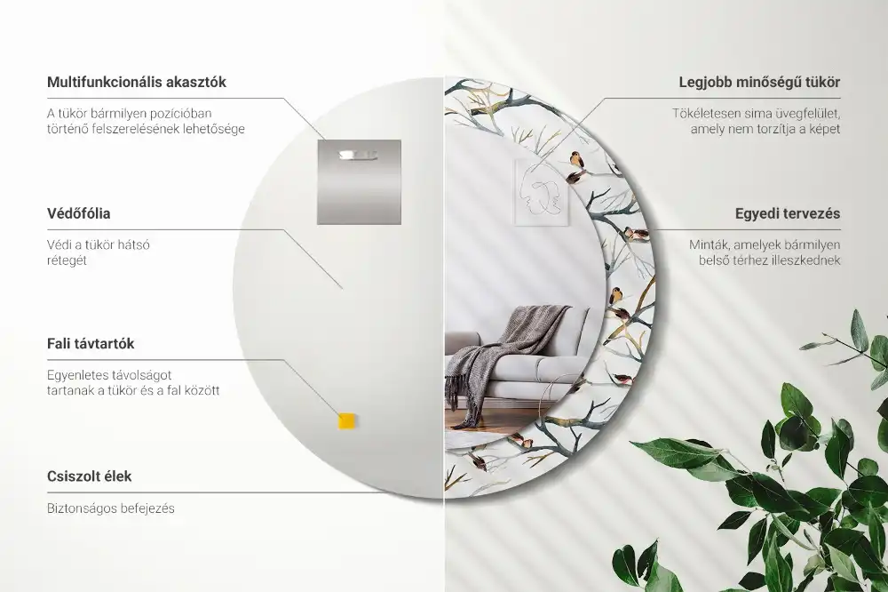 Round printed mirror Sparrows birds branches