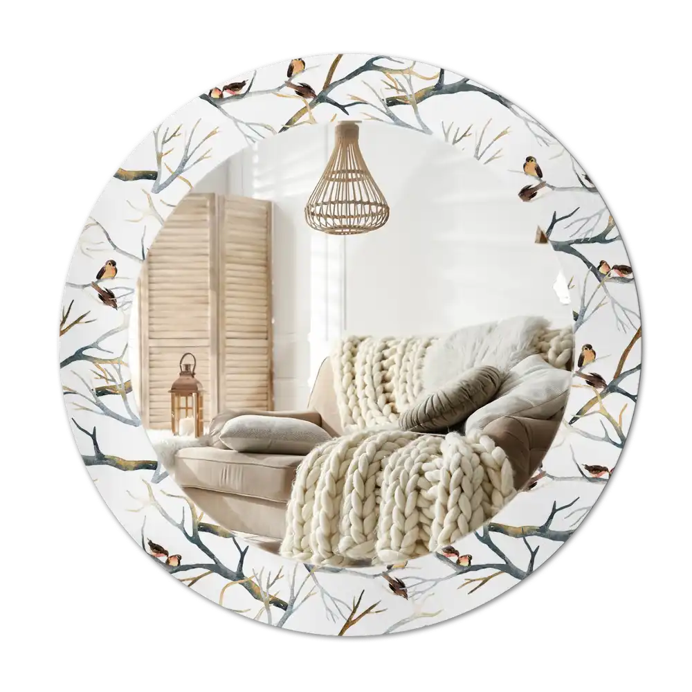 Round printed mirror Sparrows birds branches