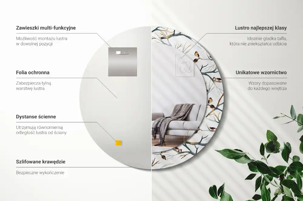 Round printed mirror Sparrows birds branches