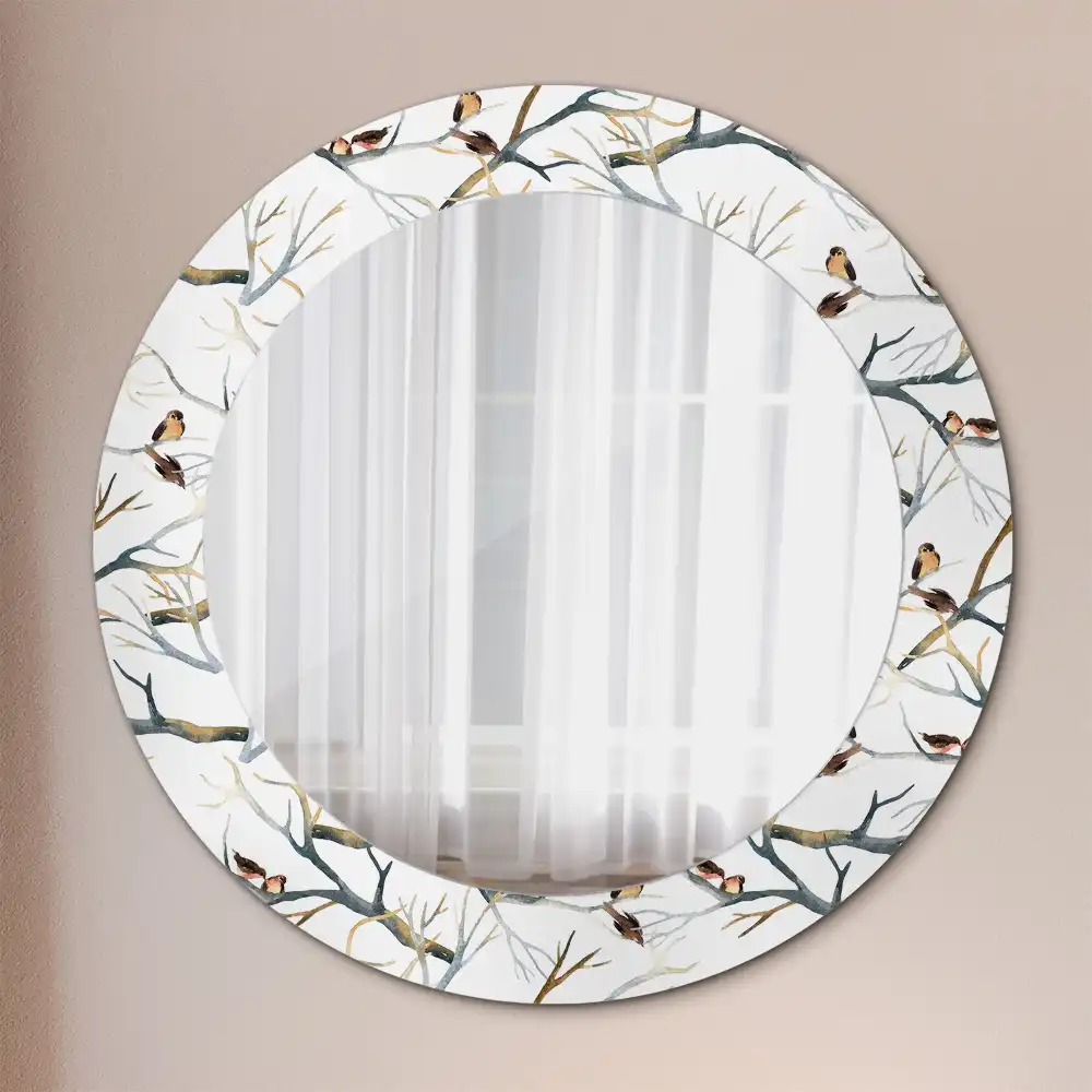 Round printed mirror Sparrows birds branches