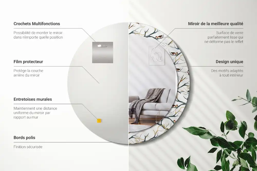 Round printed mirror Sparrows birds branches