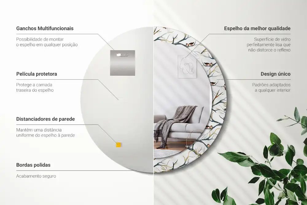 Round printed mirror Sparrows birds branches