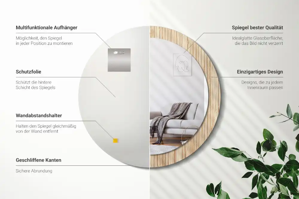 Round mirror frame with print Bamboo straw