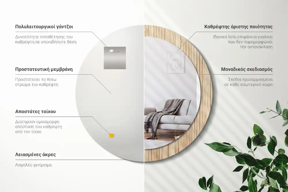 Round mirror frame with print Bamboo straw