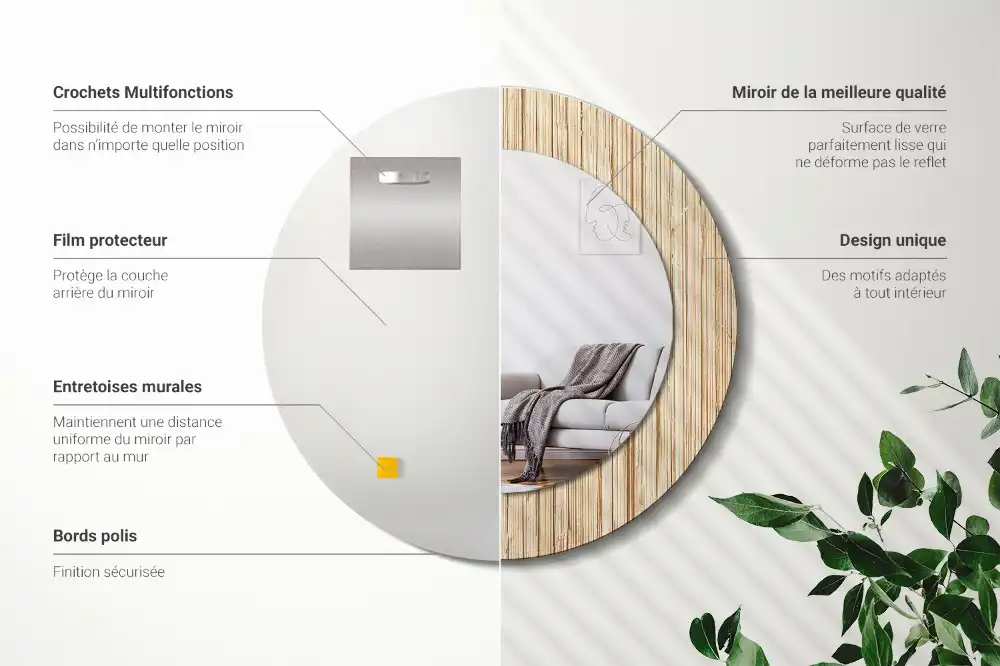 Round mirror frame with print Bamboo straw