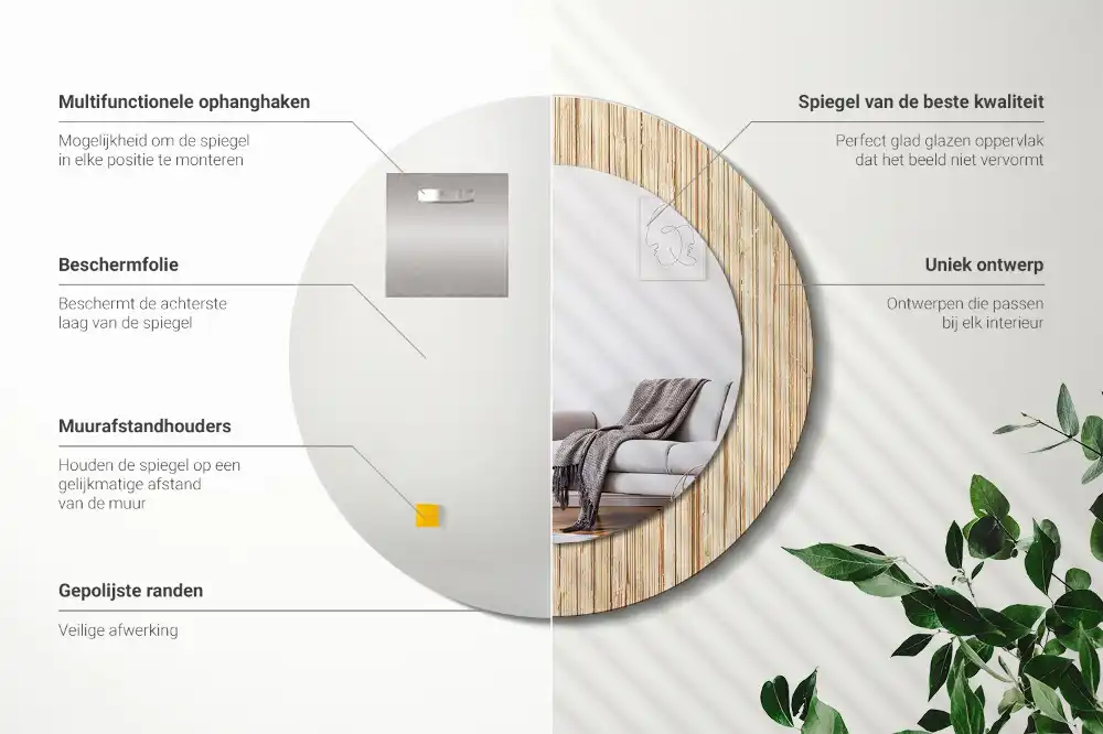 Round mirror frame with print Bamboo straw