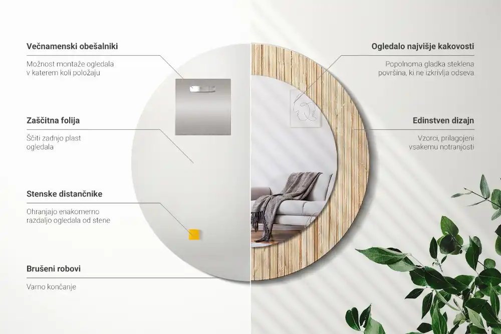 Round mirror frame with print Bamboo straw