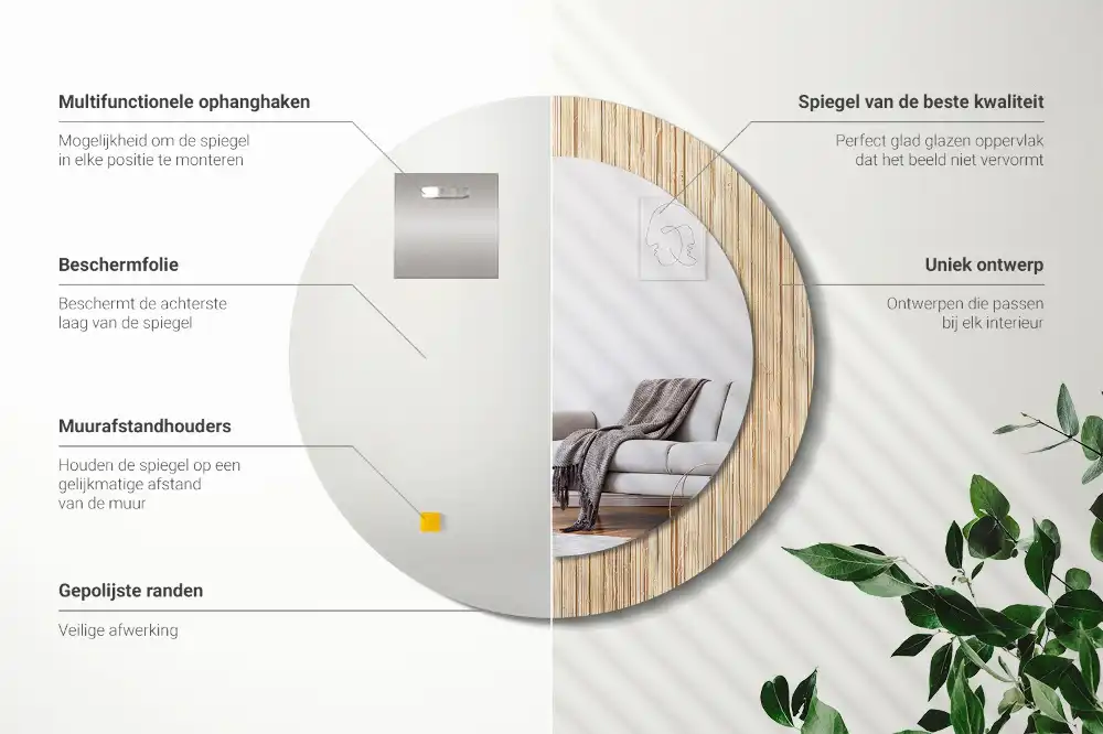 Round mirror frame with print Bamboo straw