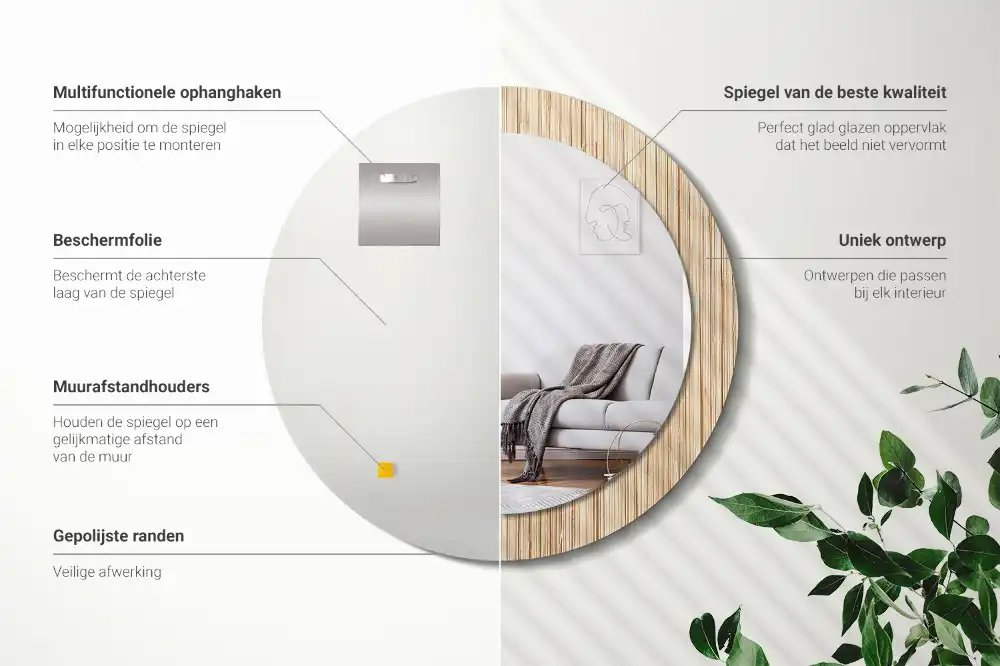 Round mirror frame with print Bamboo straw