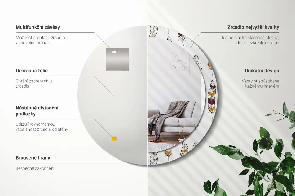 Round printed mirror Feathers
