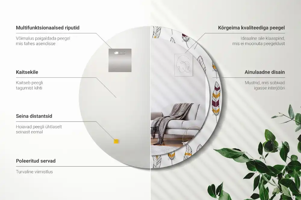 Round printed mirror Feathers