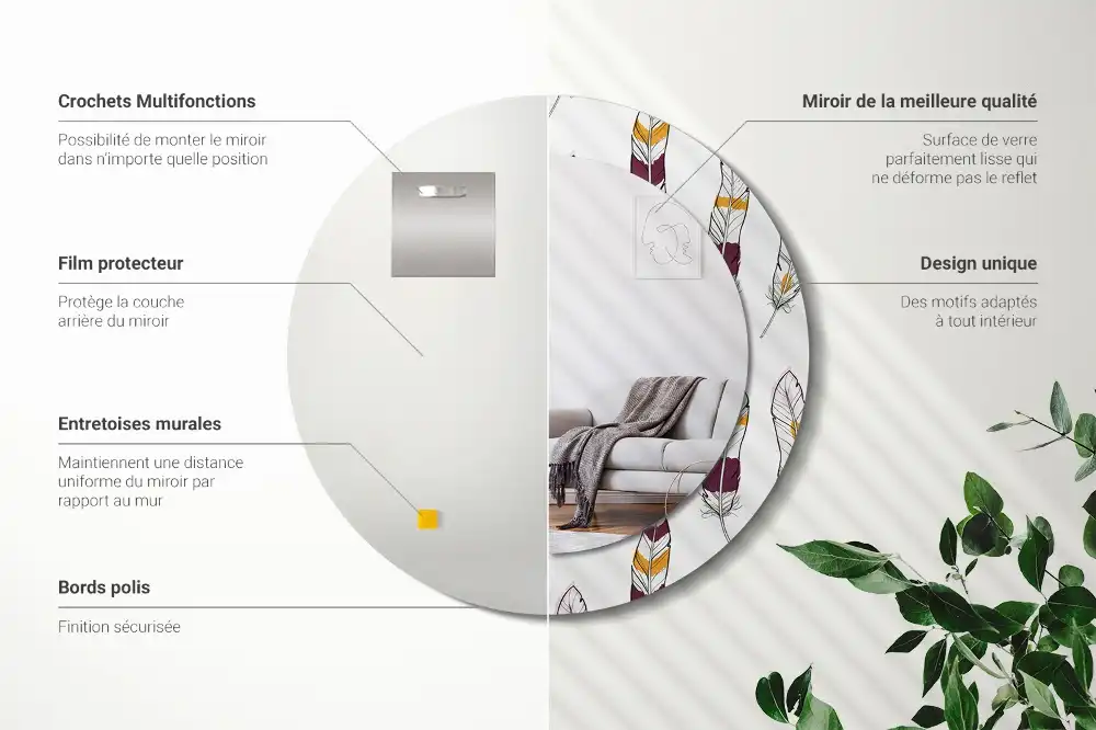 Round printed mirror Feathers