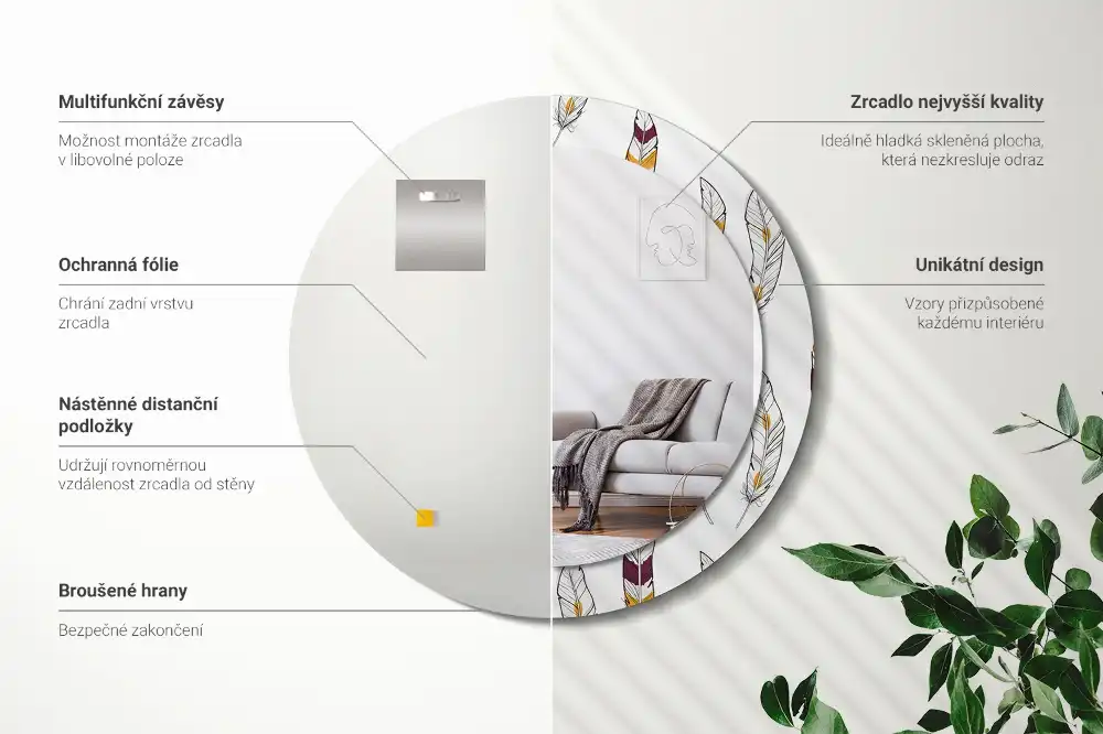 Round printed mirror Feathers