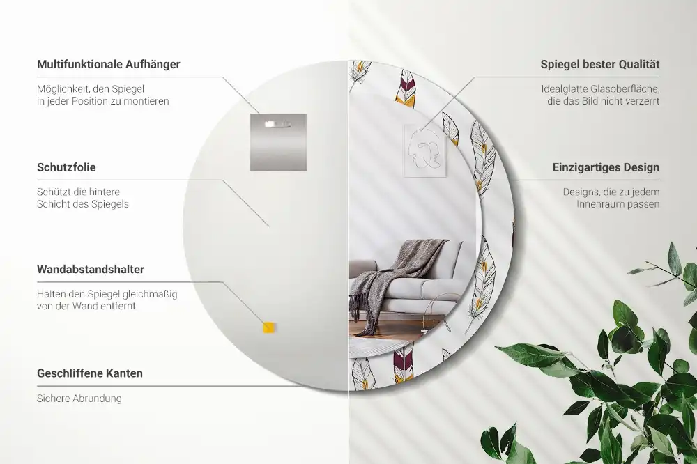 Round printed mirror Feathers