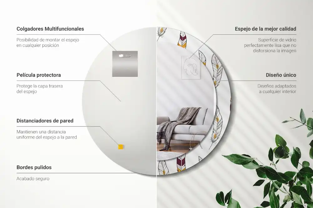 Round printed mirror Feathers