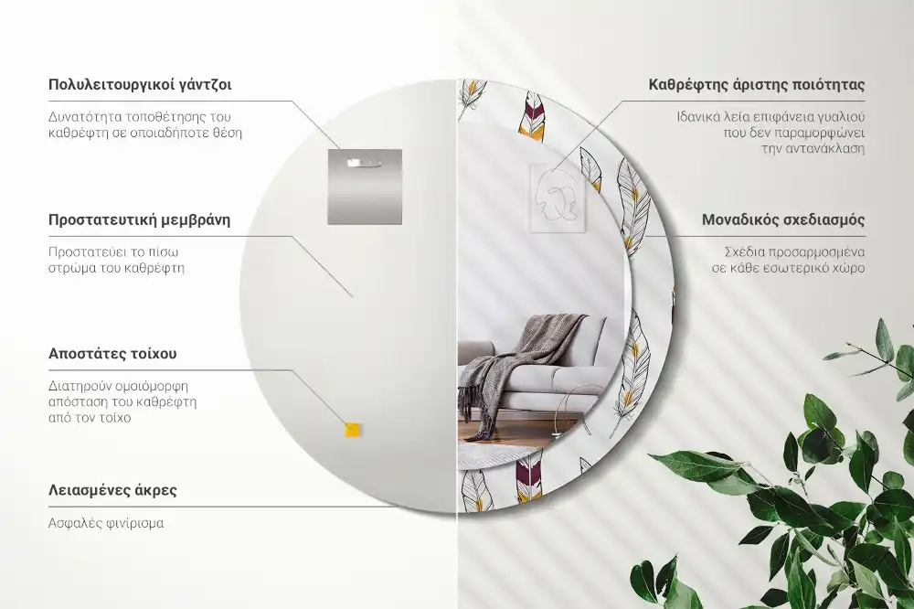 Round printed mirror Feathers