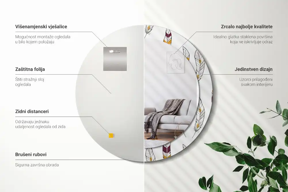 Round printed mirror Feathers