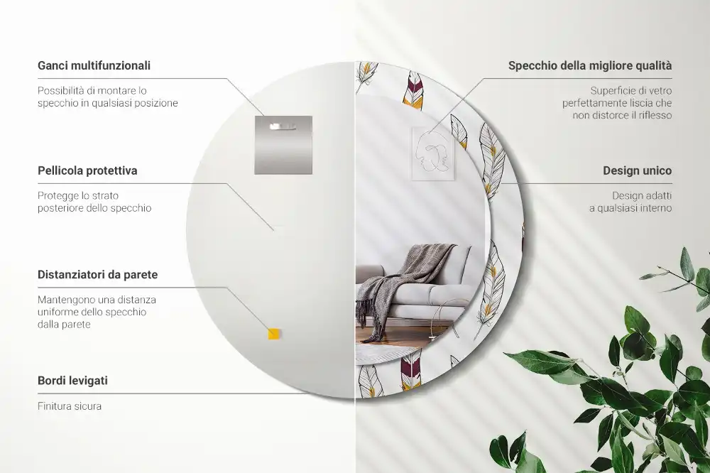 Round printed mirror Feathers