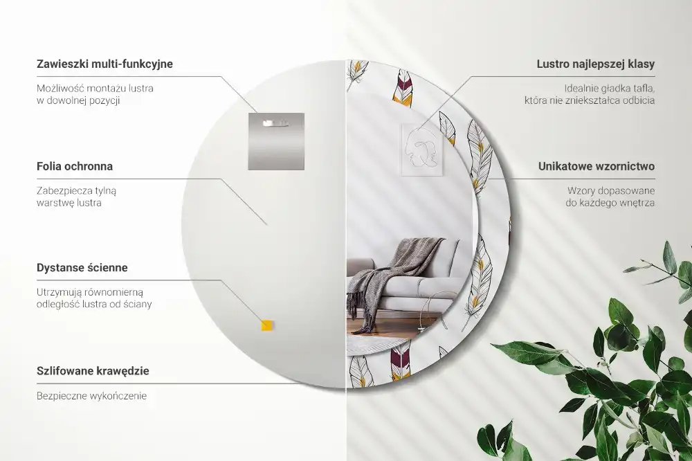 Round printed mirror Feathers