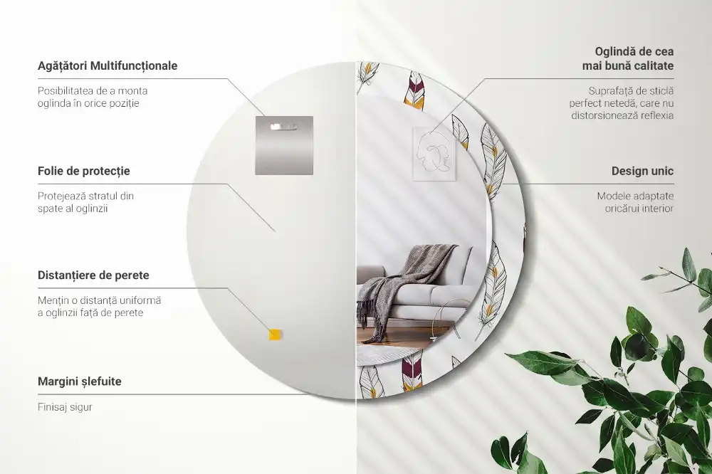 Round printed mirror Feathers