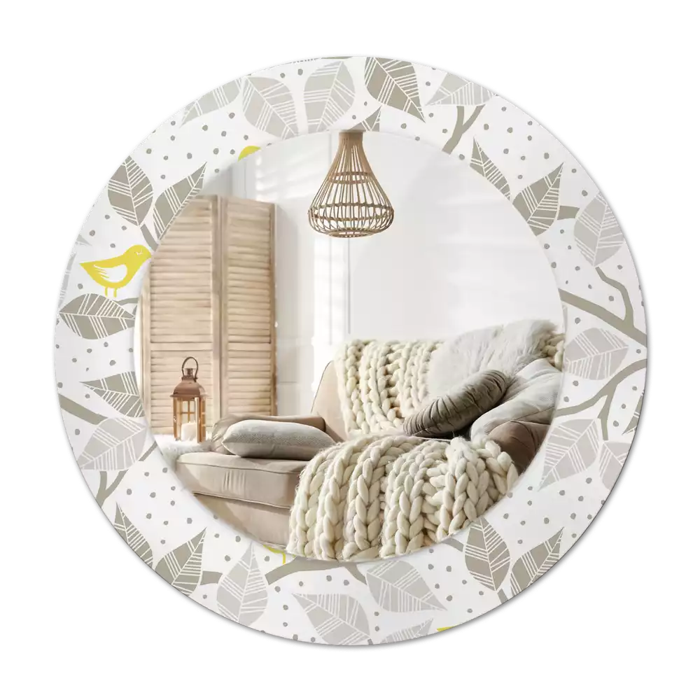 Round printed mirror Yellow birds on the branches