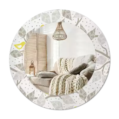 Round printed mirror Yellow birds on the branches