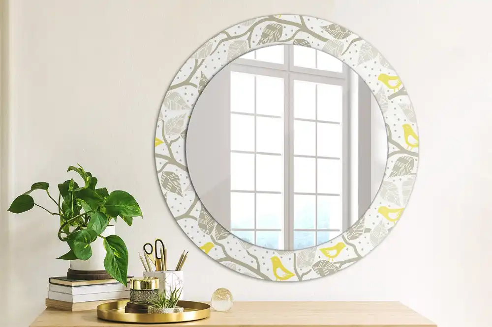 Round printed mirror Yellow birds on the branches