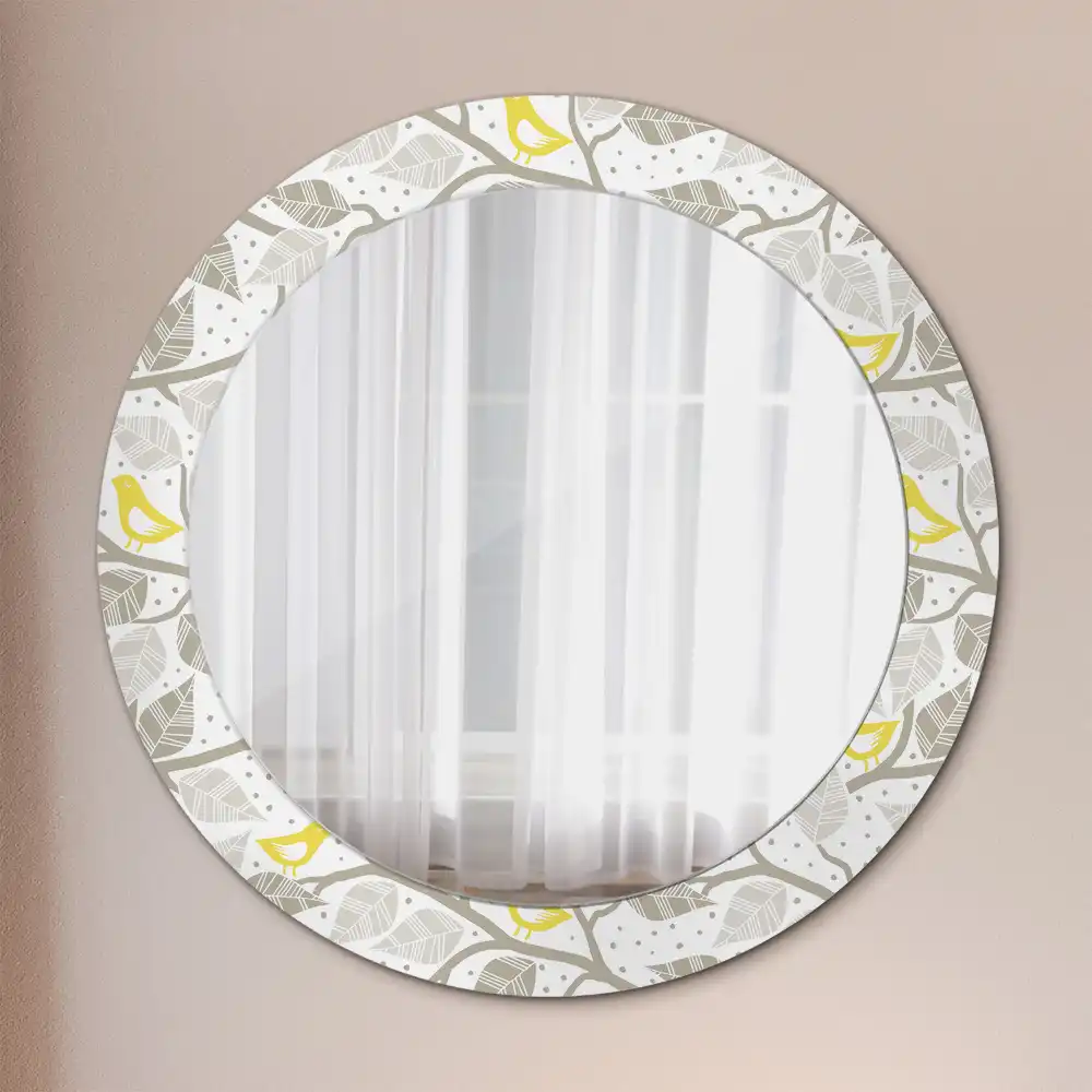 Round printed mirror Yellow birds on the branches