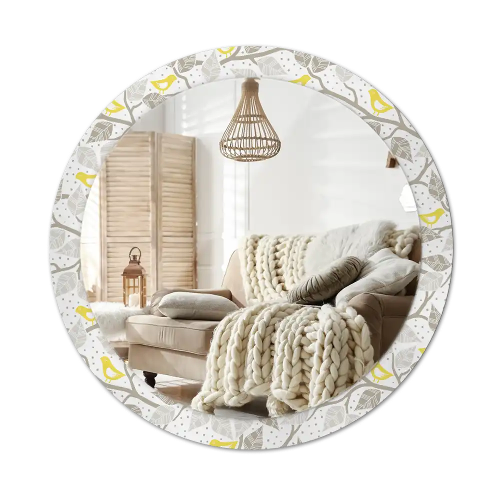Round printed mirror Yellow birds on the branches