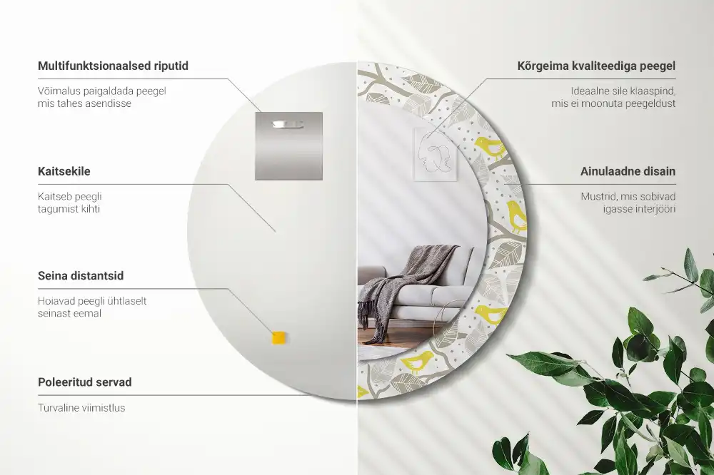 Round printed mirror Yellow birds on the branches