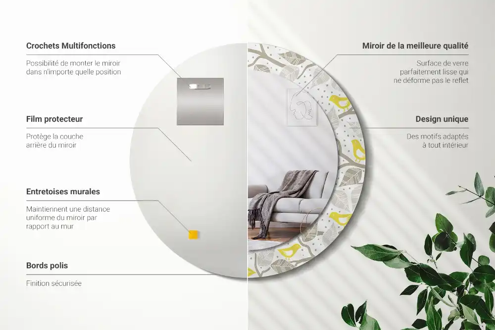 Round printed mirror Yellow birds on the branches