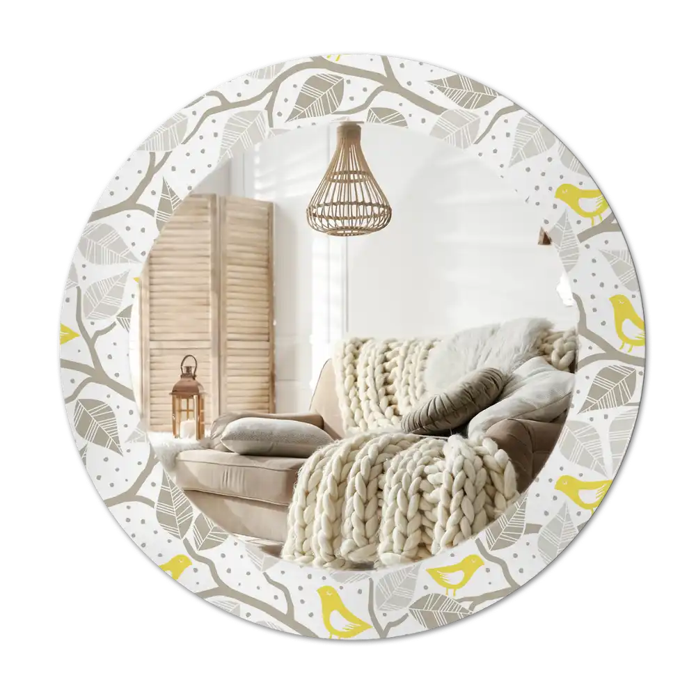 Round printed mirror Yellow birds on the branches