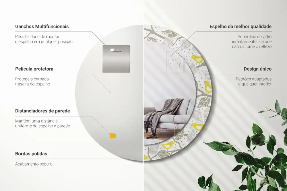 Round printed mirror Yellow birds on the branches