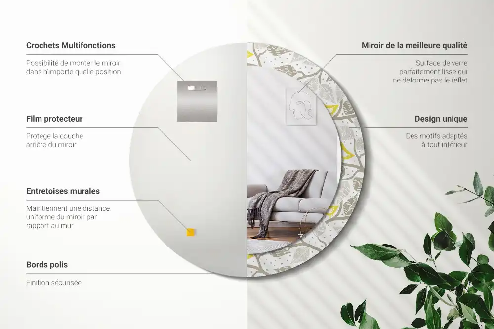 Round printed mirror Yellow birds on the branches