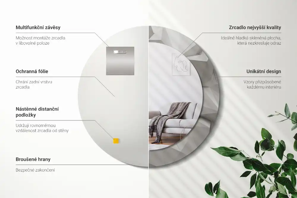 Round mirror frame with print Abstract white crystal